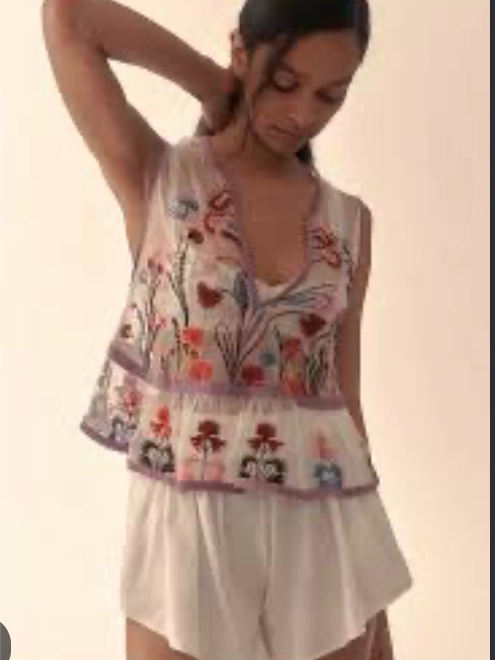 Anthropologie Ivory Embroidered V-Neck Peplum Camisole